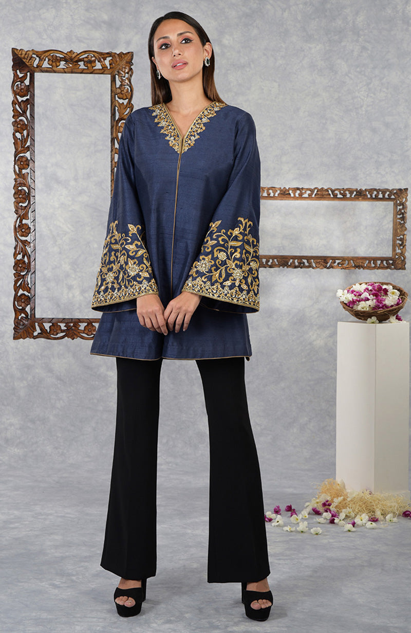 Mood Indigo Raw Silk Hand Embroidered Jacket with High Waisted Flared Pants