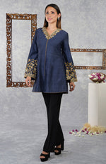 Mood Indigo Raw Silk Hand Embroidered Jacket with High Waisted Flared Pants