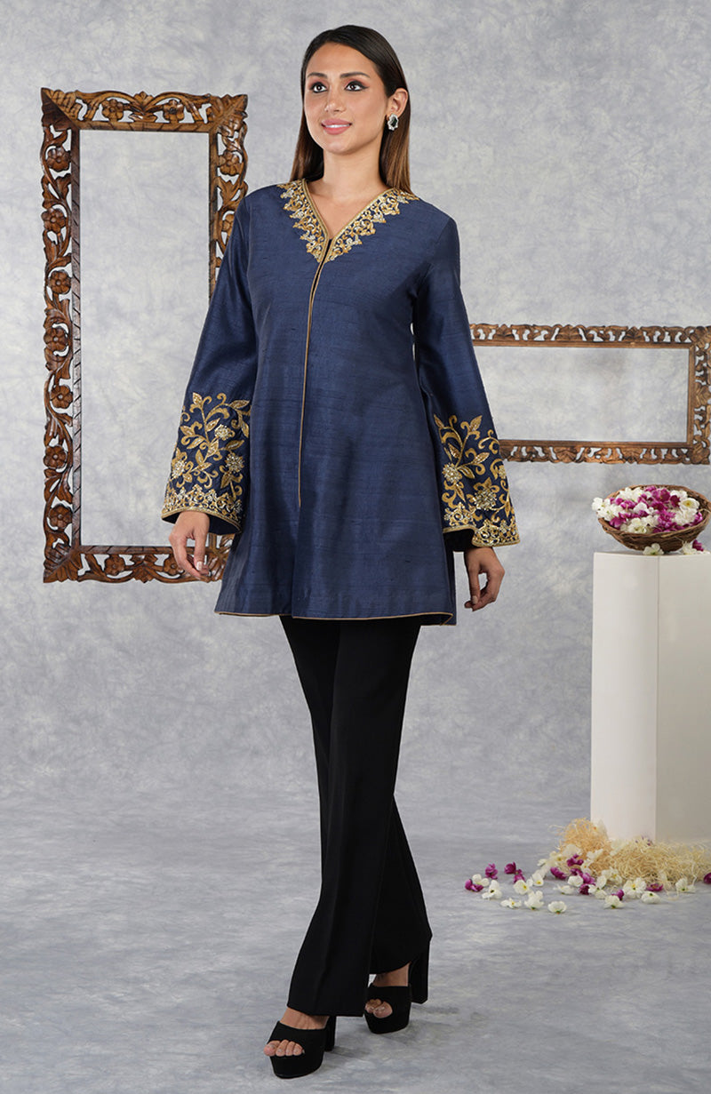 Mood Indigo Raw Silk Hand Embroidered Jacket with High Waisted Flared Pants