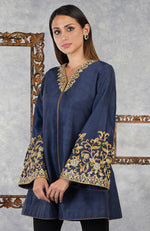 Mood Indigo Raw Silk Hand Embroidered Jacket with High Waisted Flared Pants