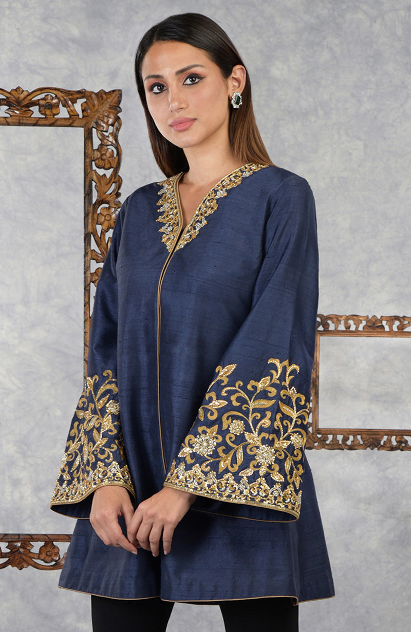 Mood Indigo Raw Silk Hand Embroidered Jacket with High Waisted Flared Pants