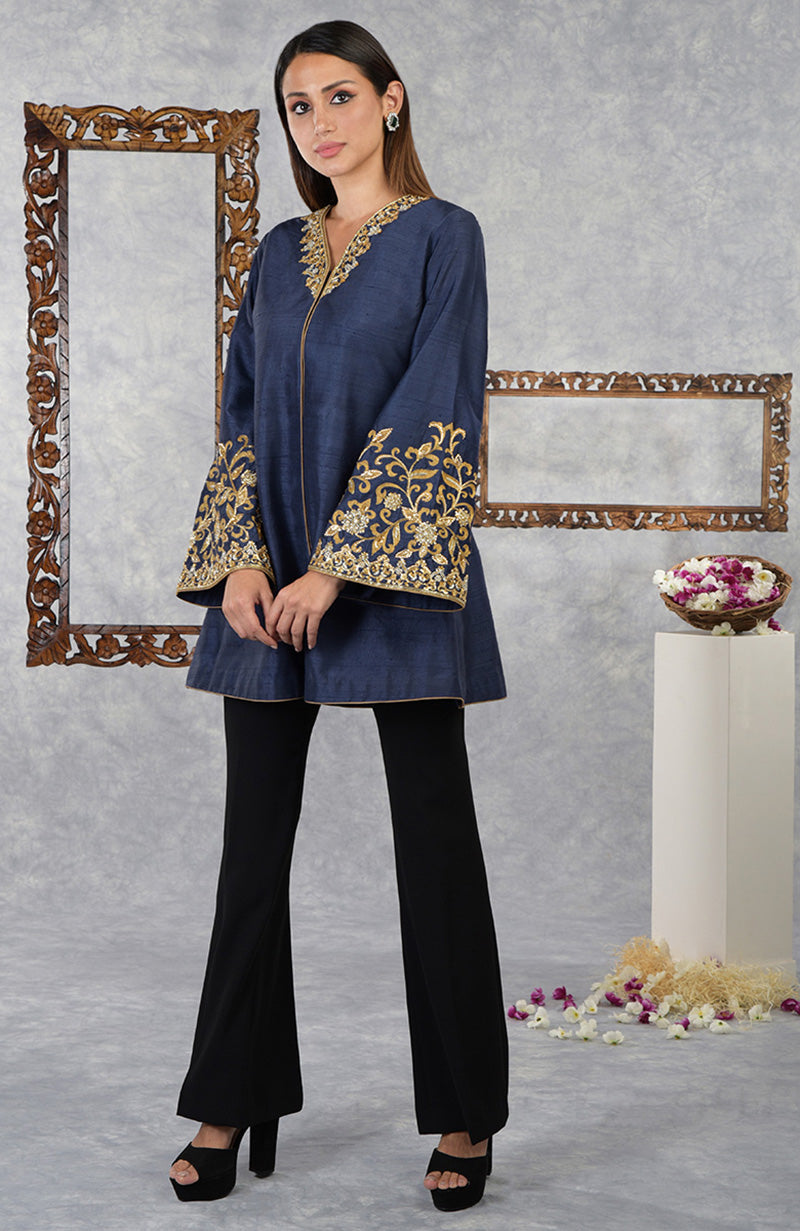 Mood Indigo Raw Silk Hand Embroidered Jacket with High Waisted Flared Pants