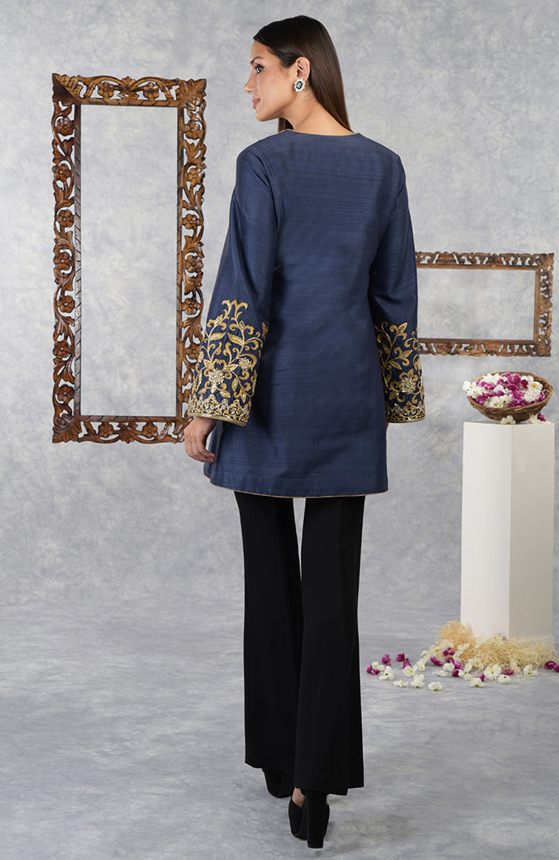 Mood Indigo Raw Silk Hand Embroidered Jacket with High Waisted Flared Pants