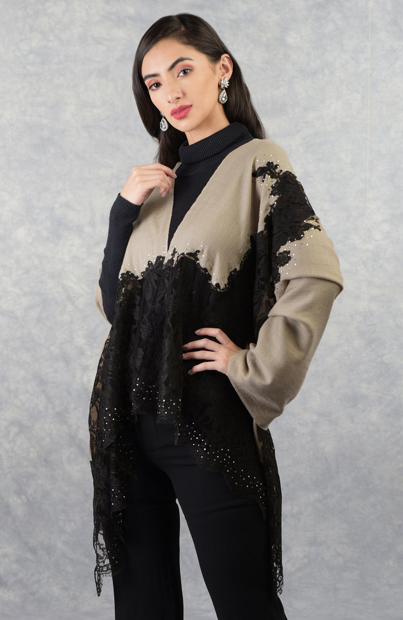 Madonna Beige-Black Chantilly & Swarovski Pure Cashmere Stole