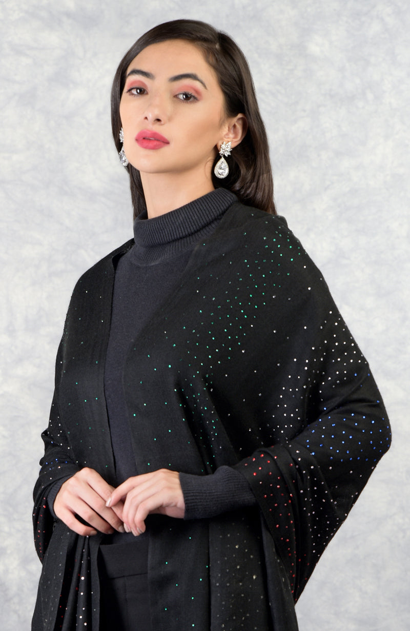 Ira Black Starry Night Swarovski Pure Cashmere Stole