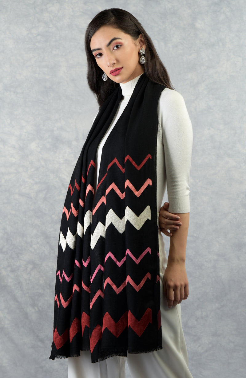 Frida Black Chevron Embroidered Pure Cashmere Stole