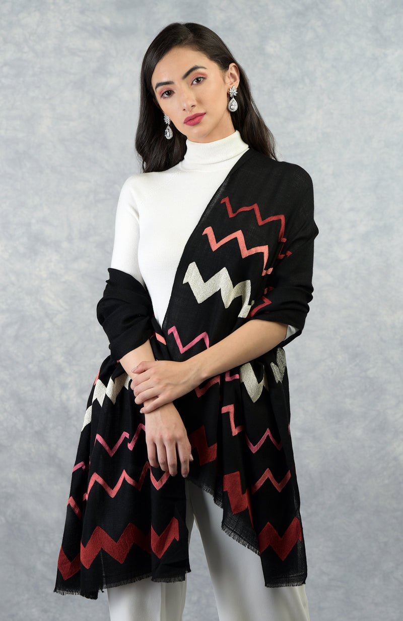 Frida Black Chevron Embroidered Pure Cashmere Stole