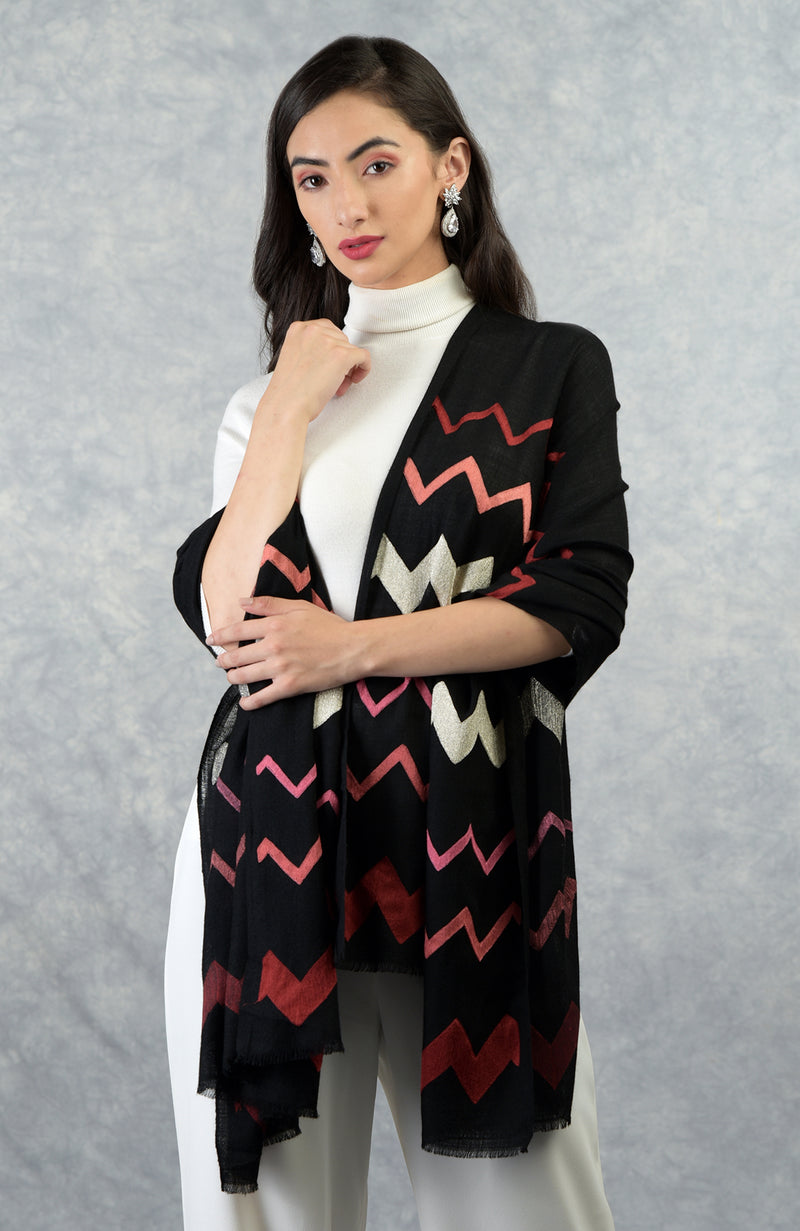 Frida Black Chevron Embroidered Pure Cashmere Stole