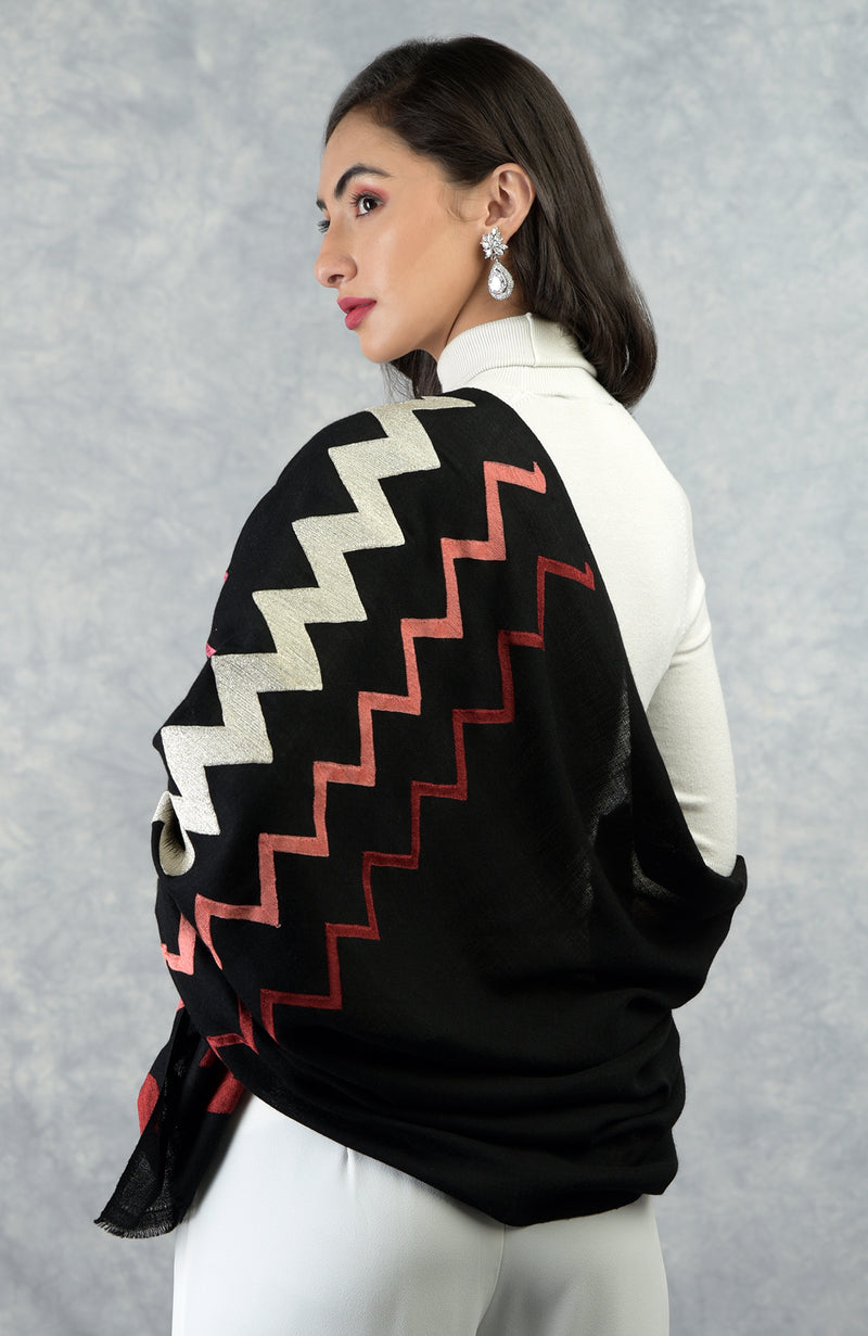 Frida Black Chevron Embroidered Pure Cashmere Stole