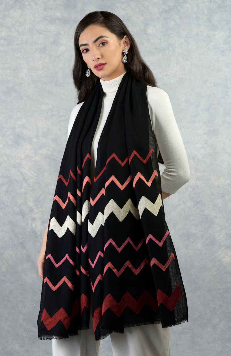Frida Black Chevron Embroidered Pure Cashmere Stole