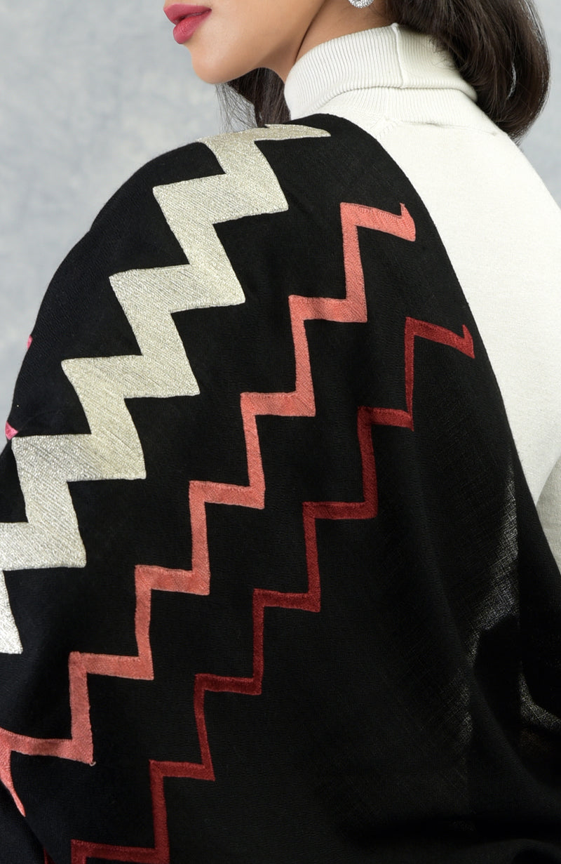 Frida Black Chevron Embroidered Pure Cashmere Stole