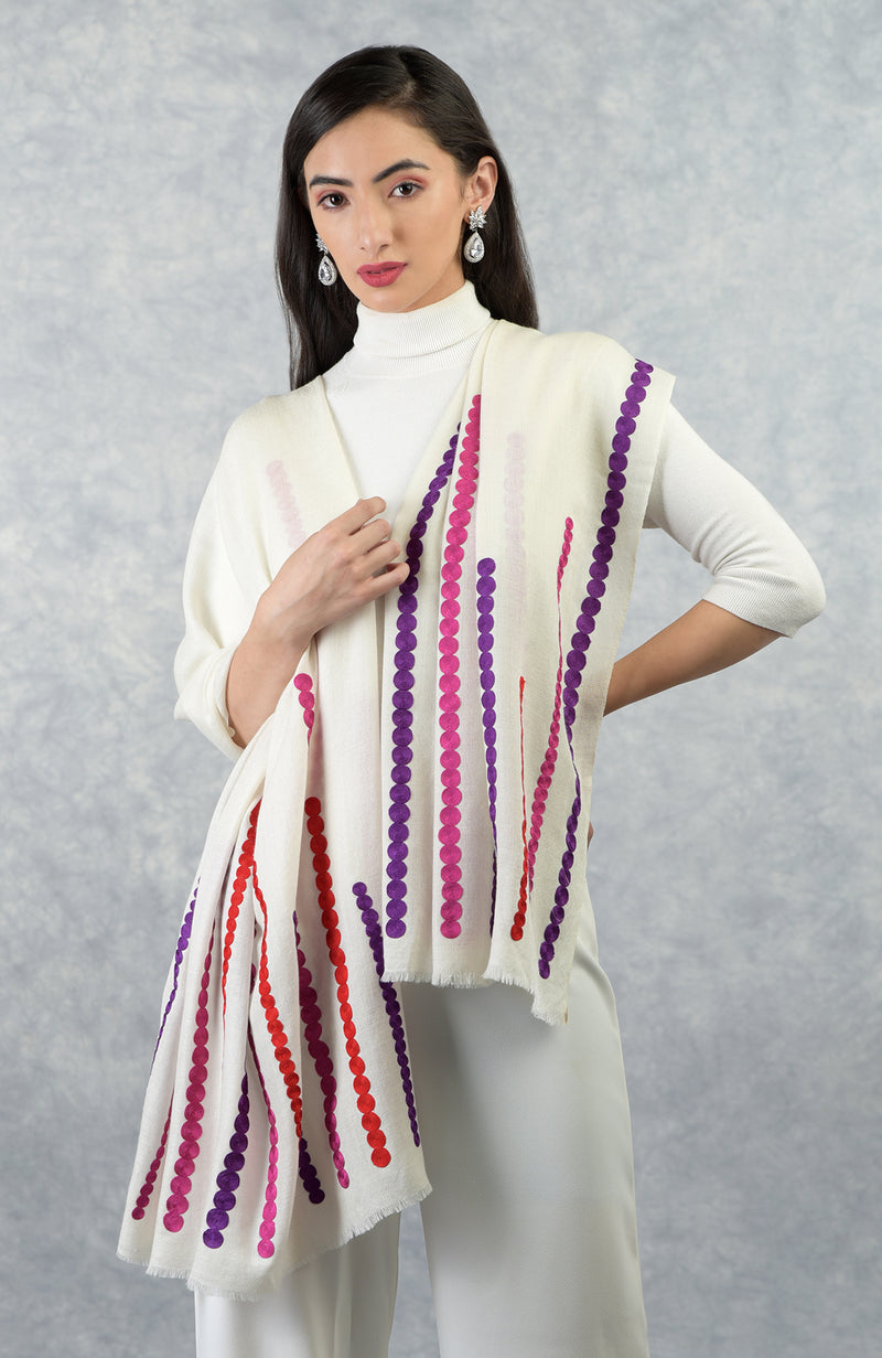 Frida Ivory Musical Notes Embroidered Pure Cashmere Stole