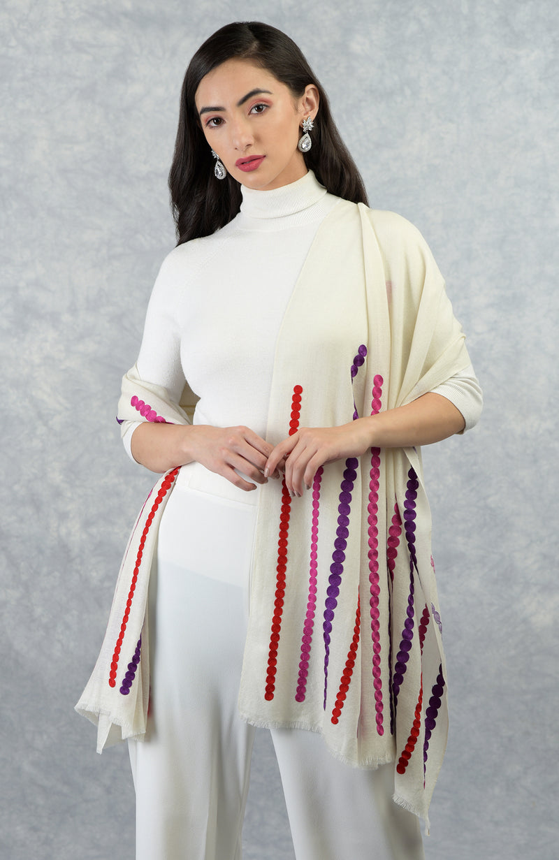 Frida Ivory Musical Notes Embroidered Pure Cashmere Stole