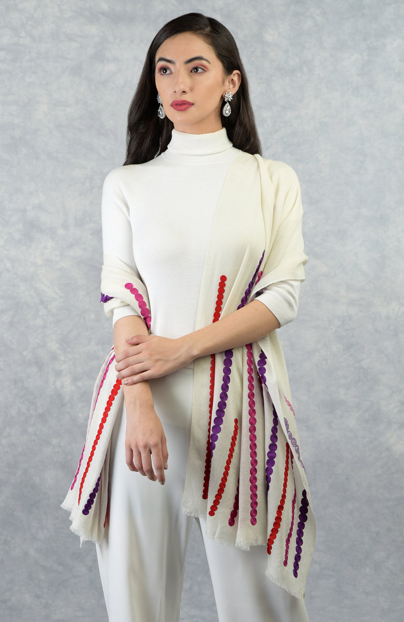 Frida Ivory Musical Notes Embroidered Pure Cashmere Stole