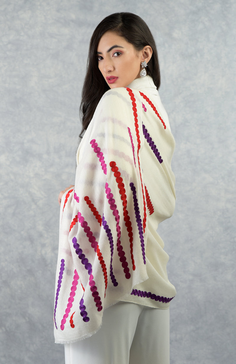 Frida Ivory Musical Notes Embroidered Pure Cashmere Stole