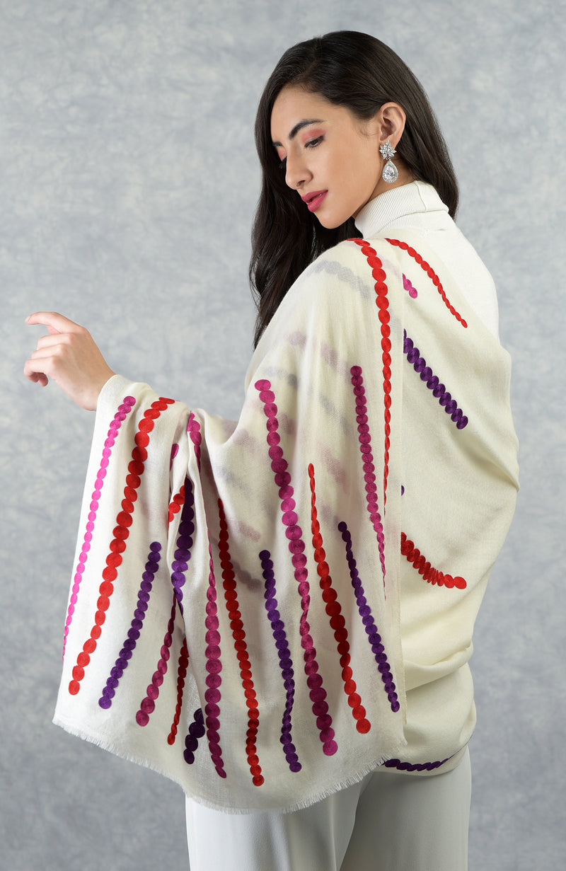 Frida Ivory Musical Notes Embroidered Pure Cashmere Stole