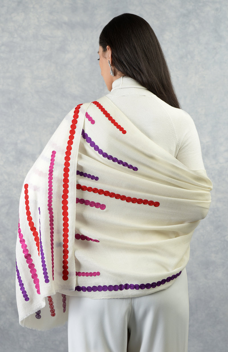 Frida Ivory Musical Notes Embroidered Pure Cashmere Stole