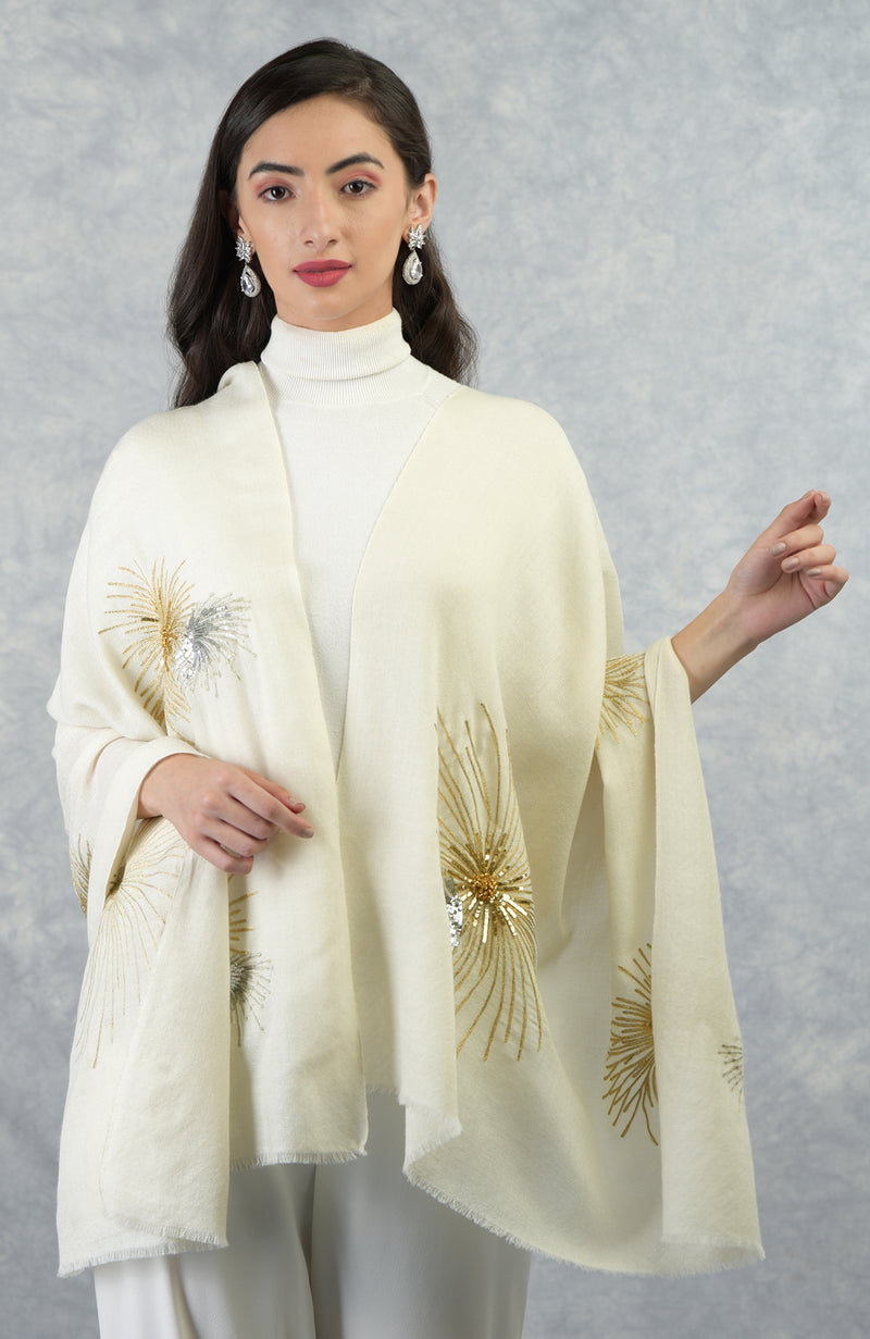 Frida Ivory Starburst Embroidered Pure Cashmere Stole