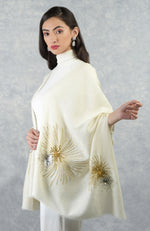 Frida Ivory Starburst Embroidered Pure Cashmere Stole
