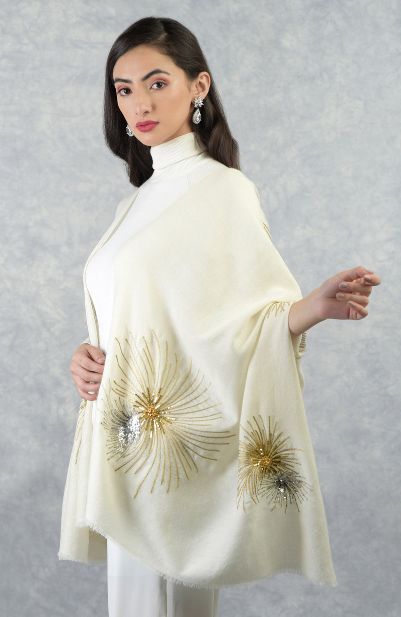 Frida Ivory Starburst Embroidered Pure Cashmere Stole