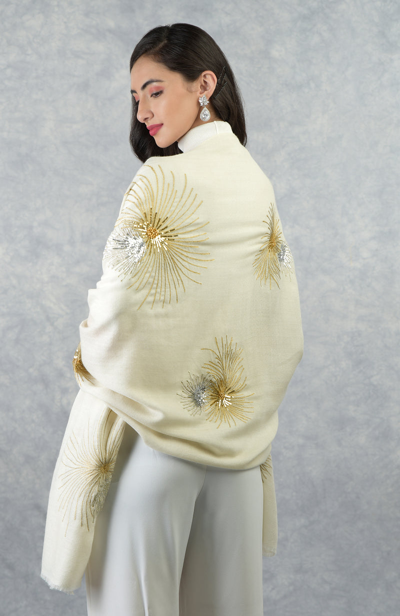 Frida Ivory Starburst Embroidered Pure Cashmere Stole