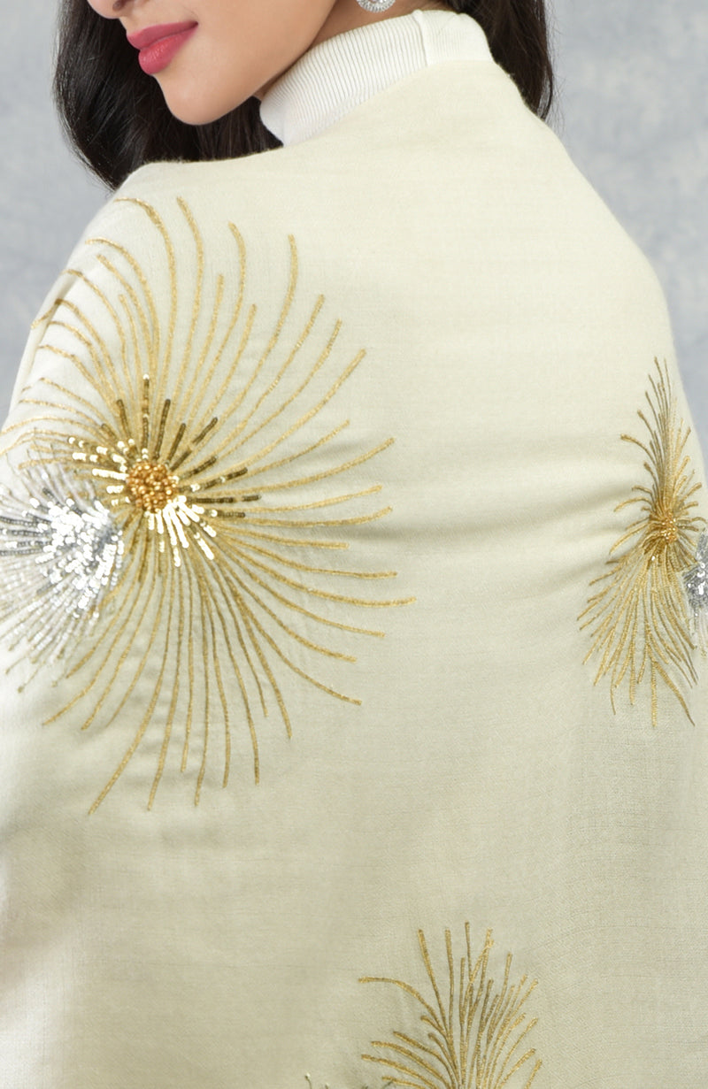 Frida Ivory Starburst Embroidered Pure Cashmere Stole