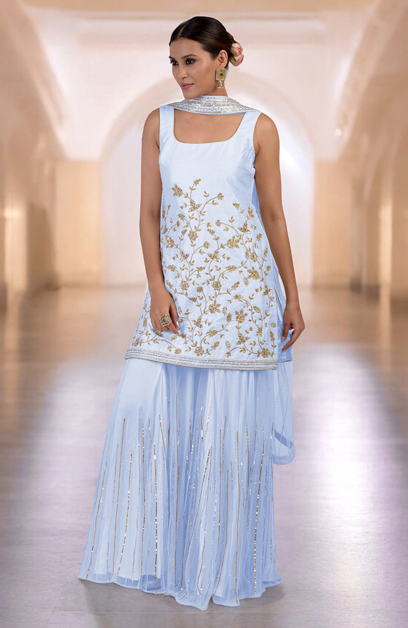 White-Gold Hand Embroidered Sharara Set