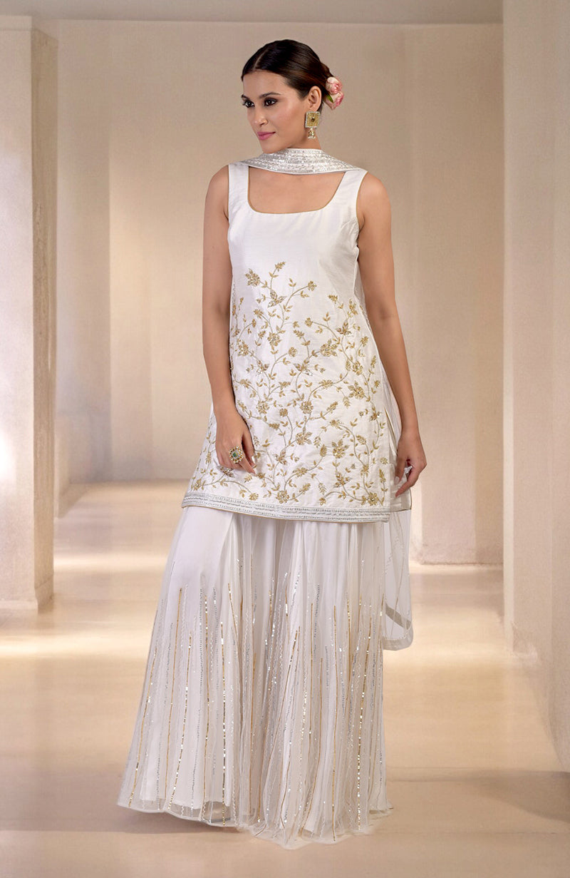 White-Gold Hand Embroidered Sharara Set | Ethereal Elegance Talking Threads White-Gold Hand Embroidered Sharara Set | Ethereal Elegance Talking Threads