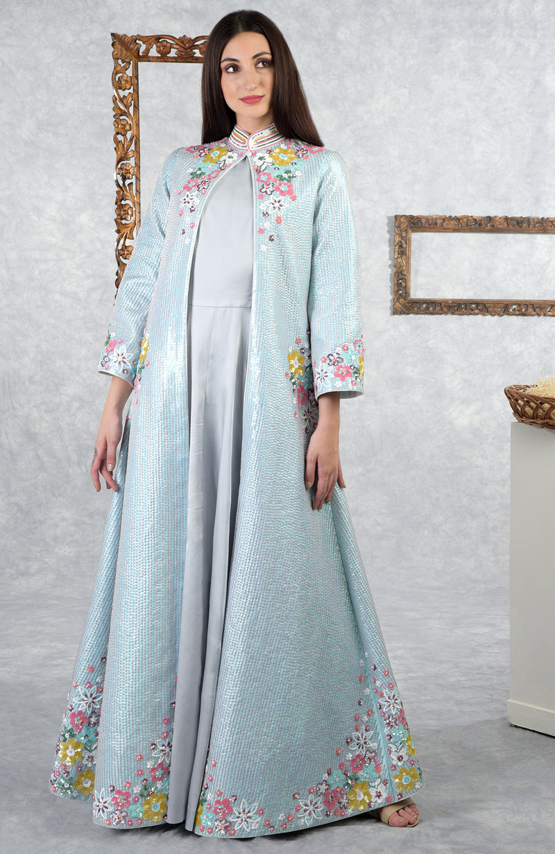 Aqua- Grey Sequin Hand Embroidered Jacket Set