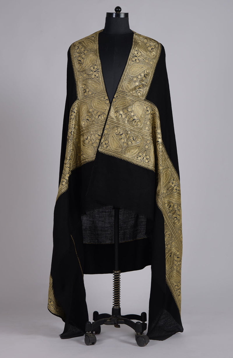 Black Pure Pashmina Gold Tilla Paisley Hand Embroidered Long Shawl