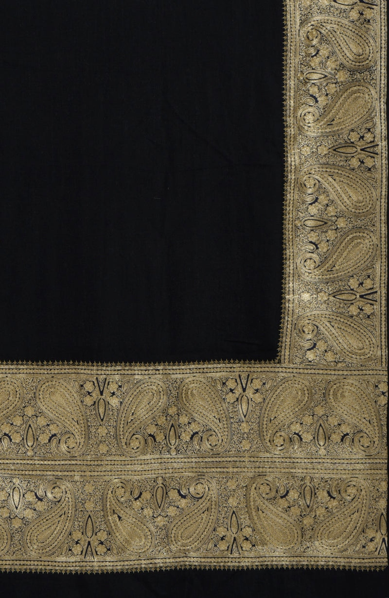 Black Pure Pashmina Gold Tilla Paisley Hand Embroidered Long Shawl