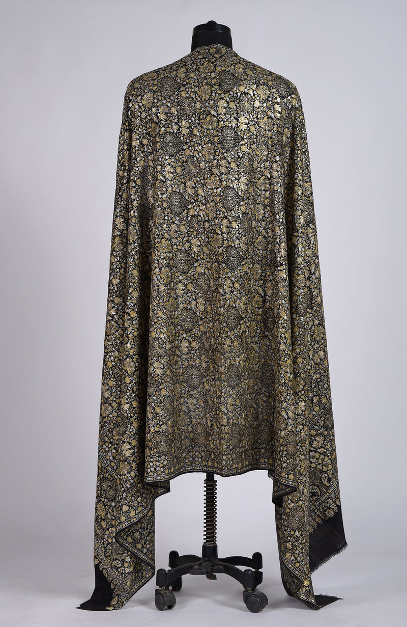 Black Masterpeice Gold and Silver Tilla Jamawar Hand Embroidered Pure Pashmina Long Shawl