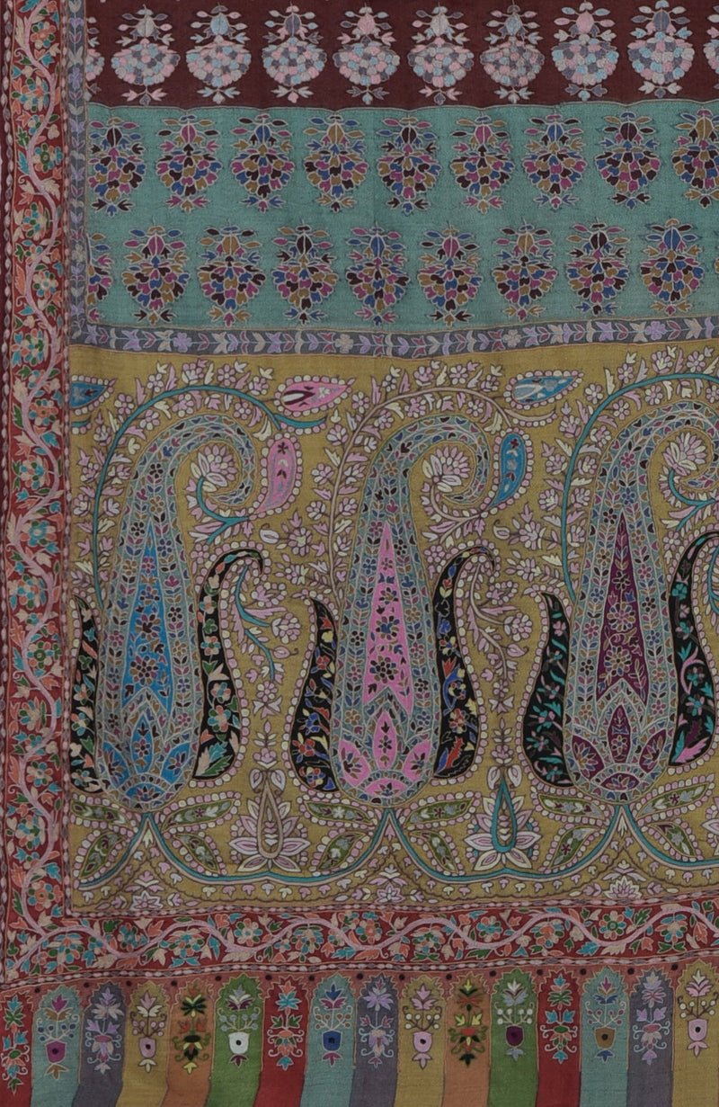 Masterpiece  Multi-Colour Kalamkari and Sozni Hand Embroidered Pure Pashmina Long Shawl