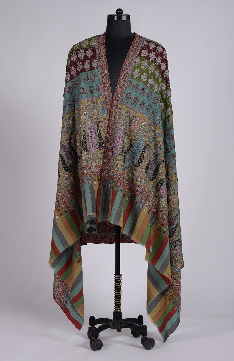 Masterpiece  Multi-Colour Kalamkari and Sozni Hand Embroidered Pure Pashmina Long Shawl