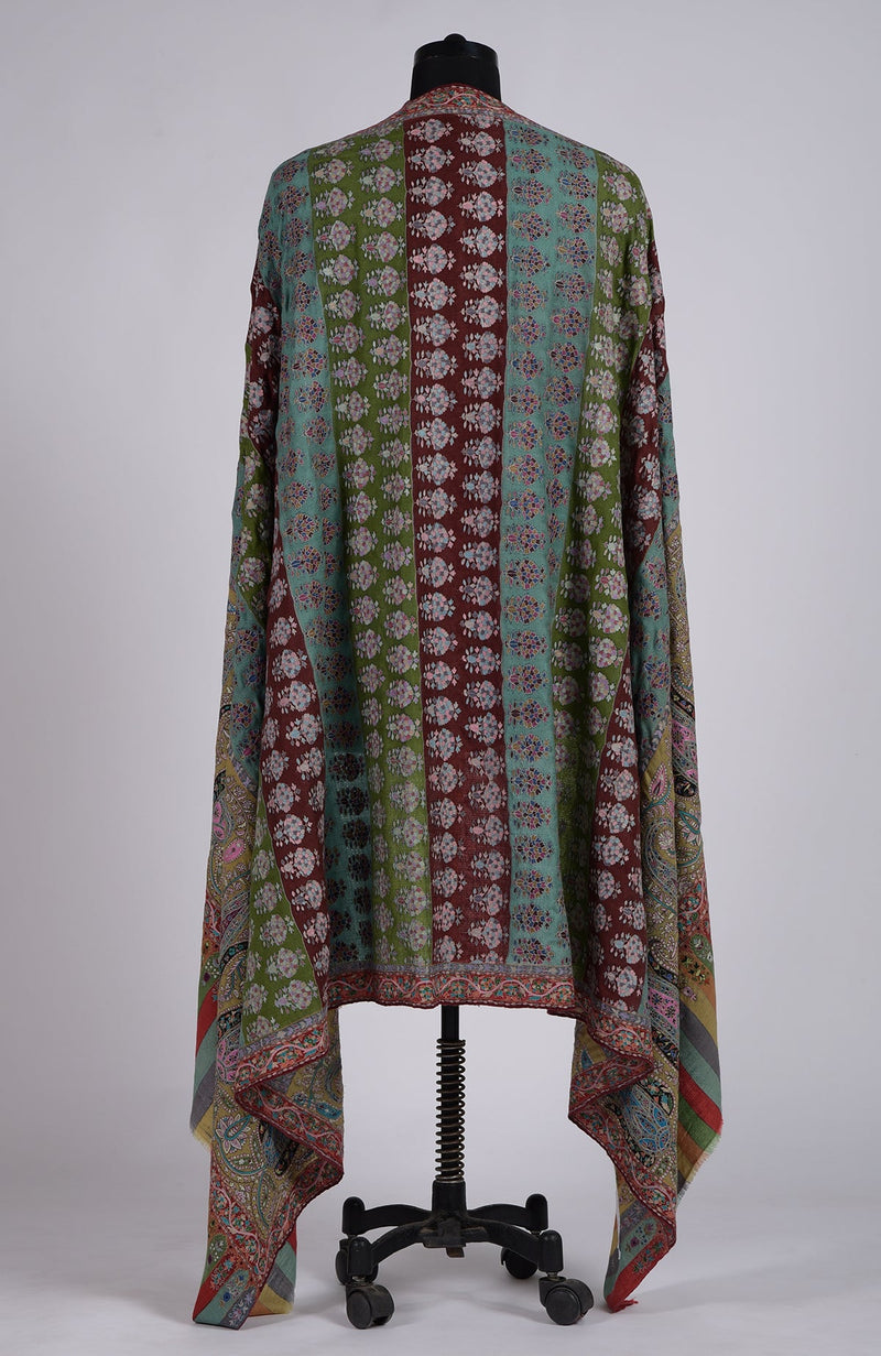 Masterpiece  Multi-Colour Kalamkari and Sozni Hand Embroidered Pure Pashmina Long Shawl