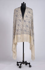 Off White Sozni Hand Embroidered Pure Pashmina Long Shawl