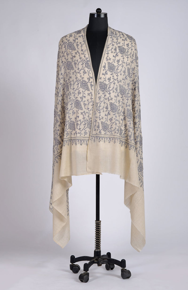 Off White Sozni Hand Embroidered Pure Pashmina Long Shawl