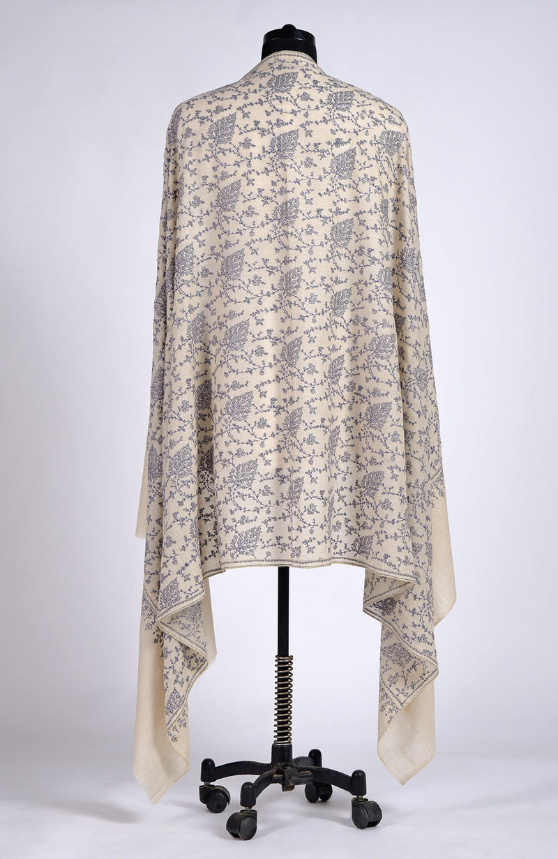 Off White Sozni Hand Embroidered Pure Pashmina Long Shawl