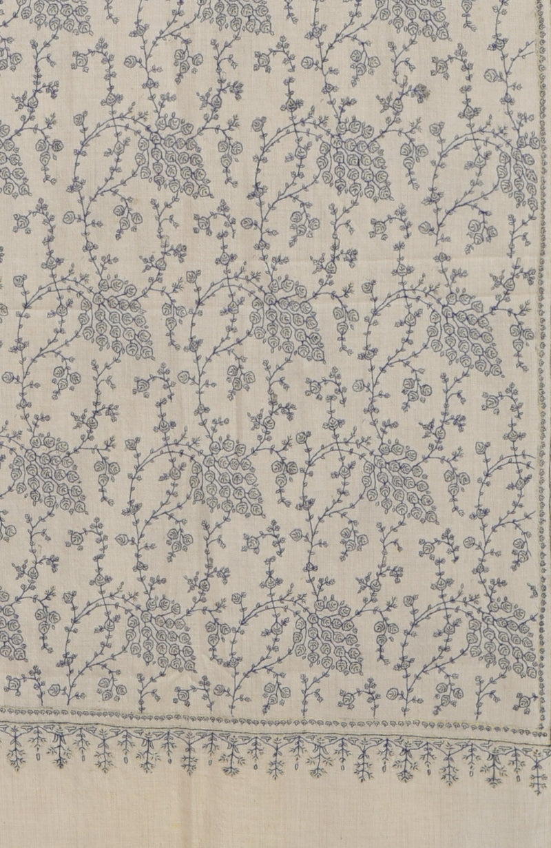 Off White Sozni Hand Embroidered Pure Pashmina Long Shawl