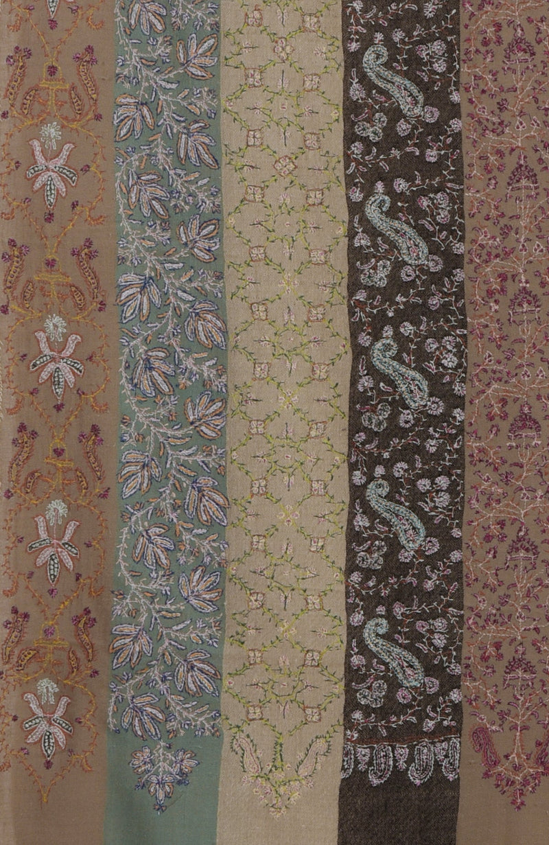 Camel Beige Sozni Hand Embroidered Pure Pashmina Long Shawl