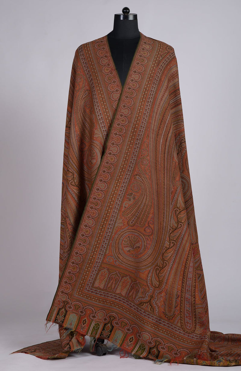 Beige Antique Jamawar Paisley Handcrafted Pure Pashmina Long Shawl