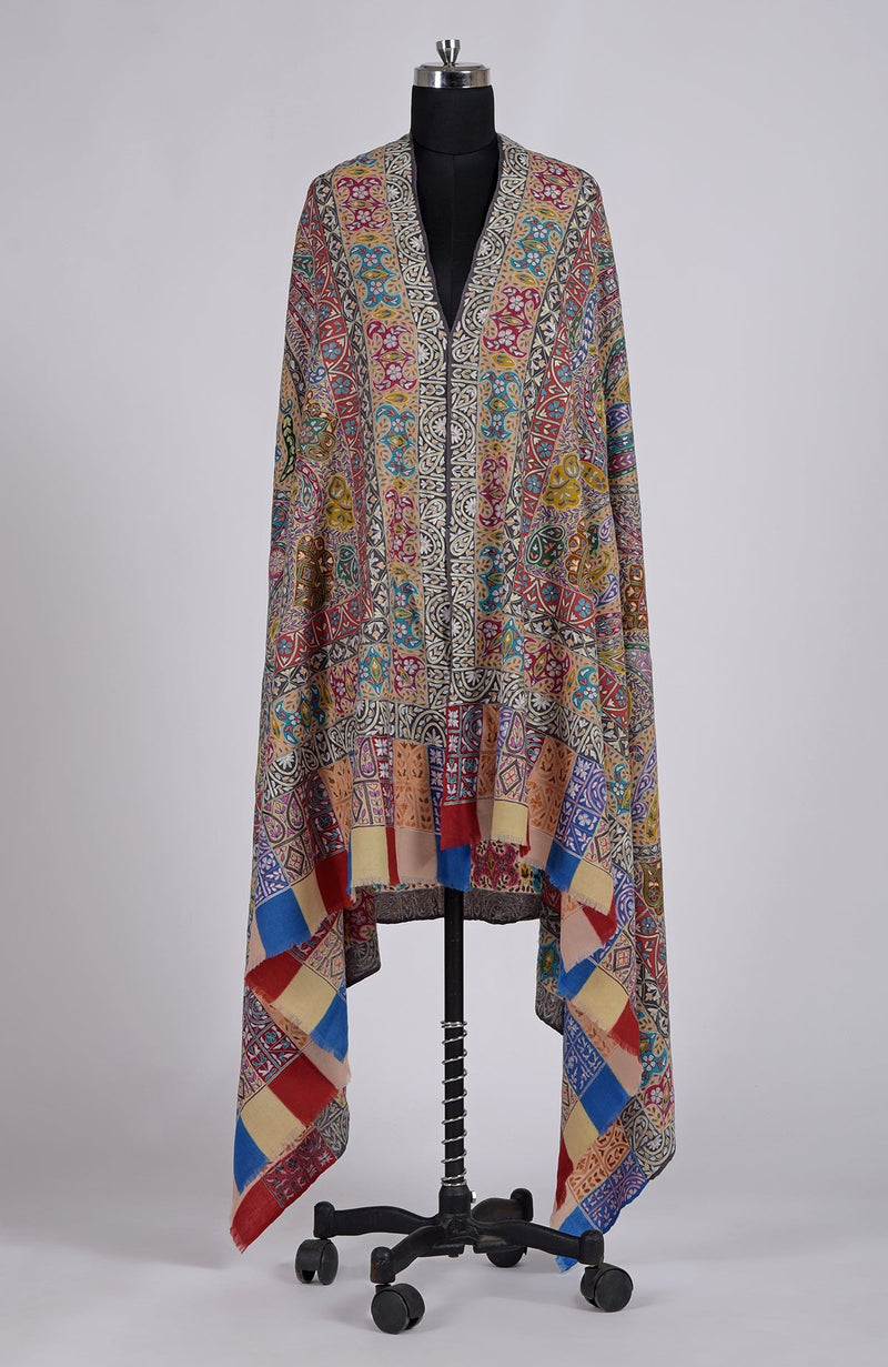 Off-White Kalamkari and Sozni Hand Embroidered Pure Pashmina Shawl