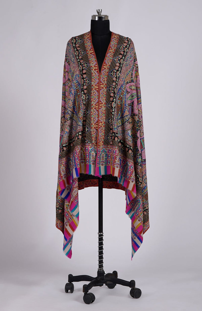 Multi-colour Kalamkari and Sozni Hand Embroidered Pure Pashmina Shawl