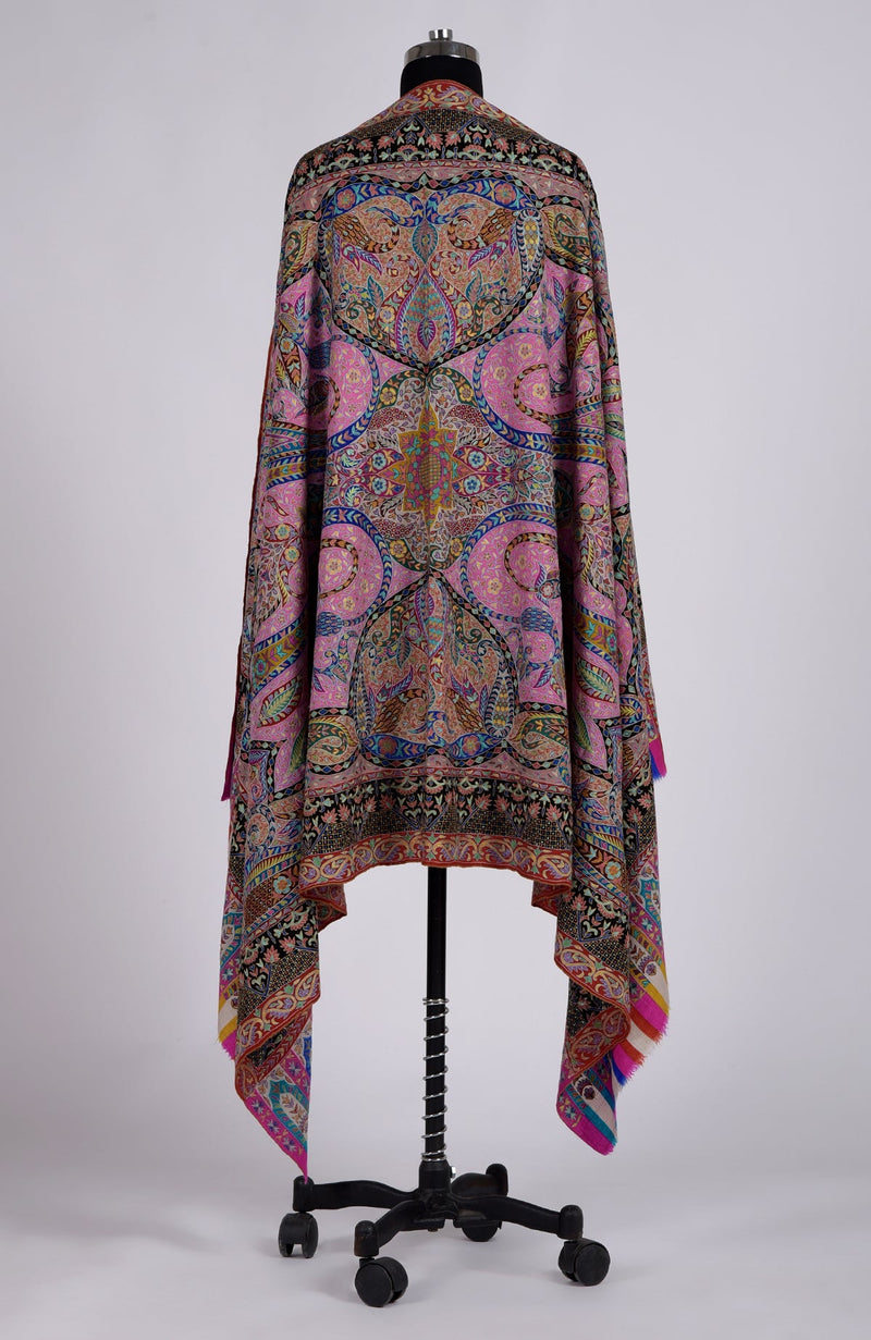 Multi-colour Kalamkari and Sozni Hand Embroidered Pure Pashmina Shawl