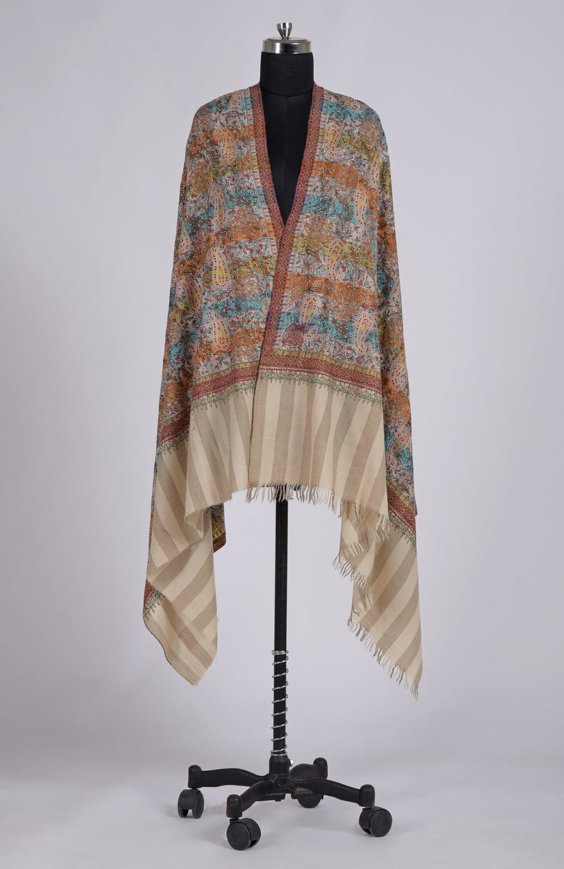 Toosh Colour Kalamkari and Sozni Hand Embroidered Pure Pashmina Shawl