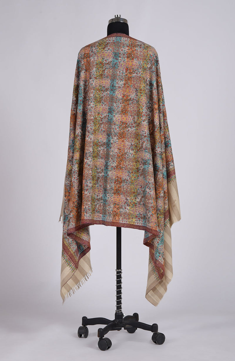 Toosh Colour Kalamkari and Sozni Hand Embroidered Pure Pashmina Shawl
