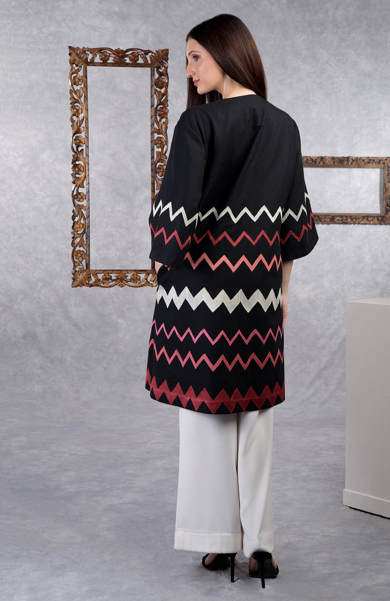 Frida Black Chevron Embroidered Pure Wool Crepe Jacket