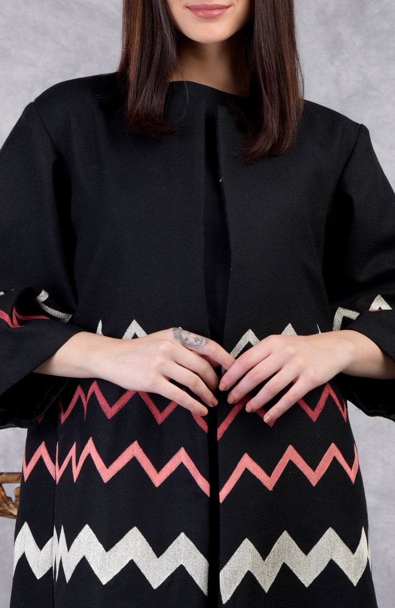Frida Black Chevron Embroidered Pure Wool Crepe Jacket