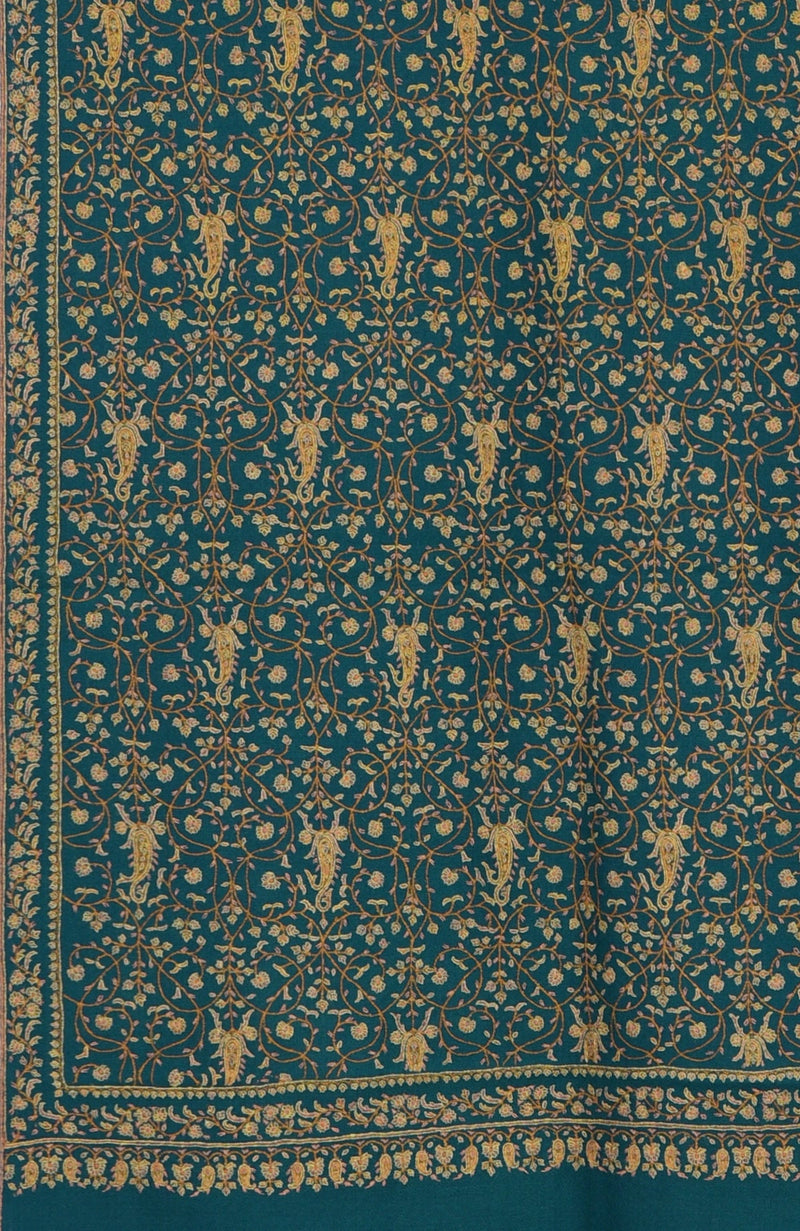 Teal Blue Sozni Hand Embroidered Pure Pashmina Shawl