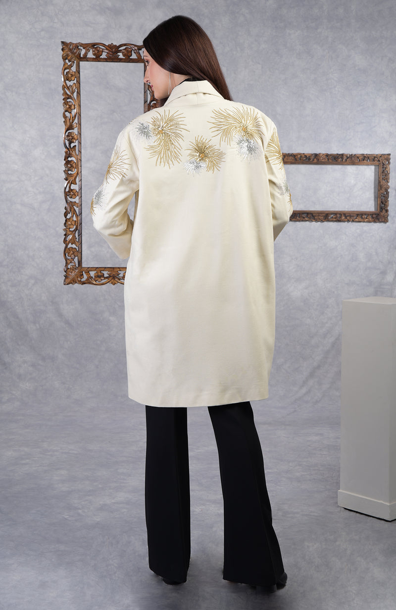 Frida Ivory Starburst Embroidered Pure Wool Crepe Jacket